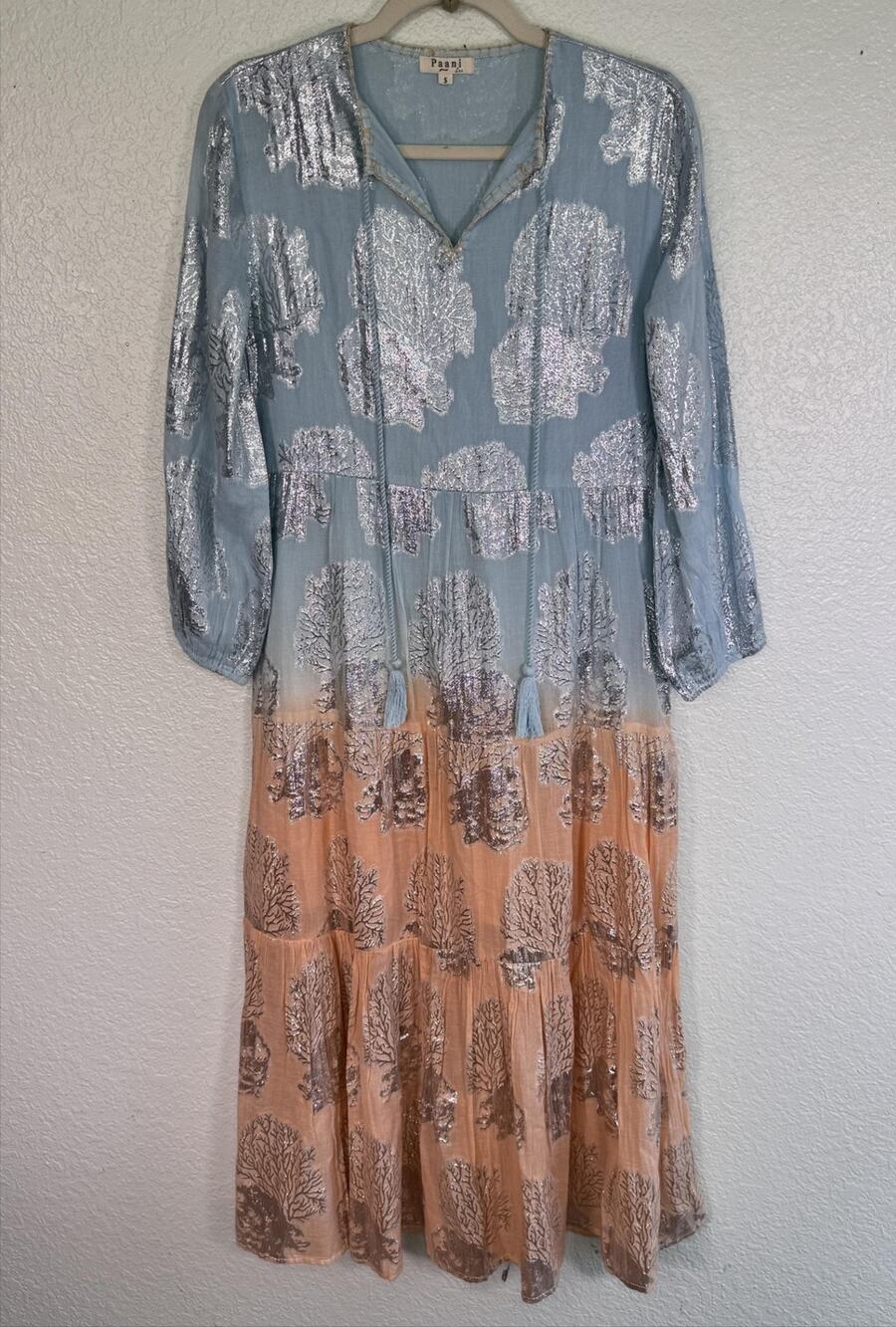 Paani Dress Womens Small Ombre Tiered Maxi Metallic Floral Boho Beachy Resort